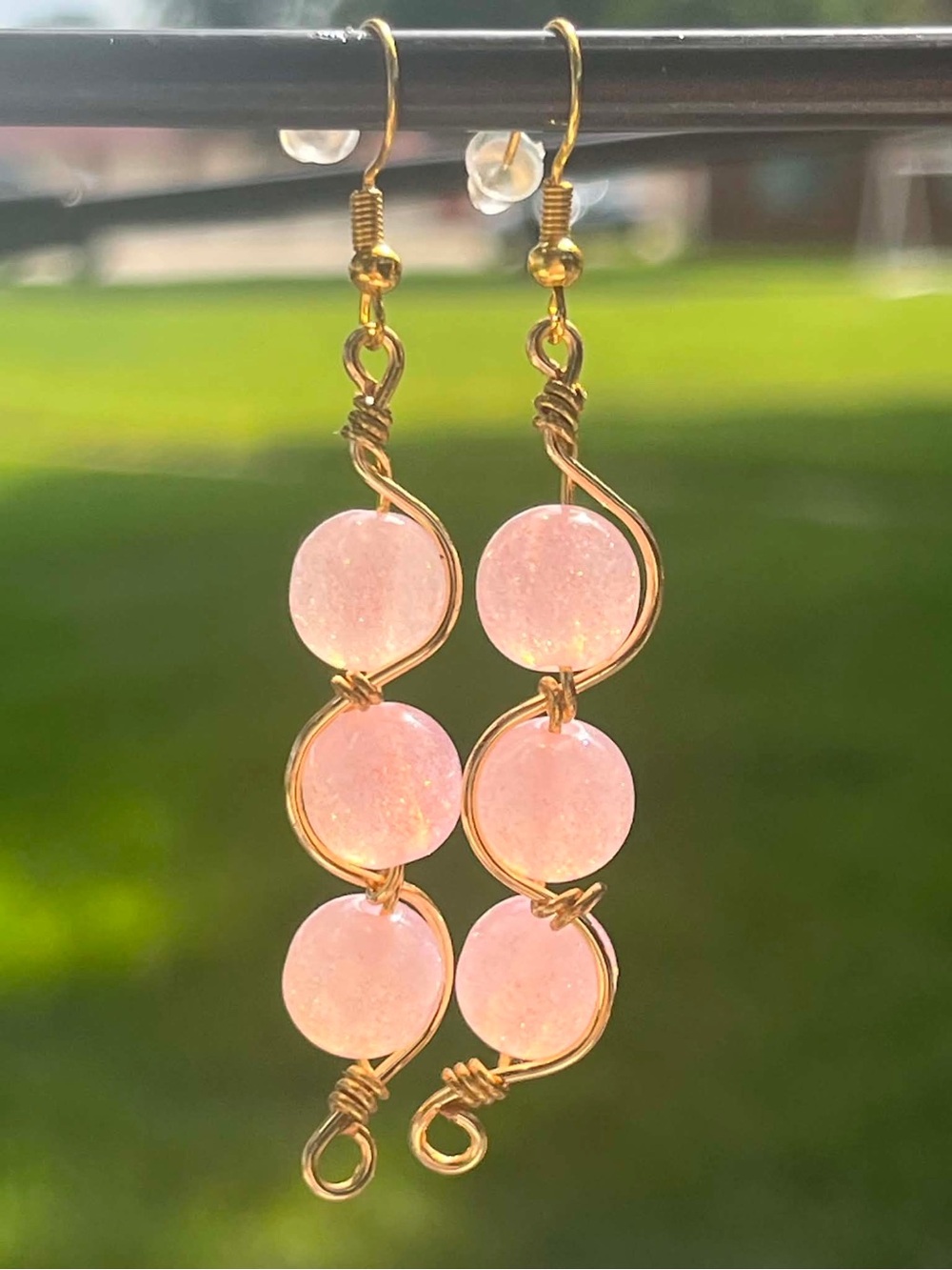 Handcrafted Pink Beaded Dangle Earrings - Gold Wire